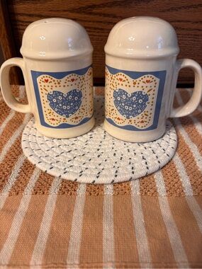 Cream Ceramic Salt & Pepper Shakers with Blue Heart Accent